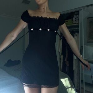 UNIF Black Lace Trim Mini Dress with Small Pink Roses